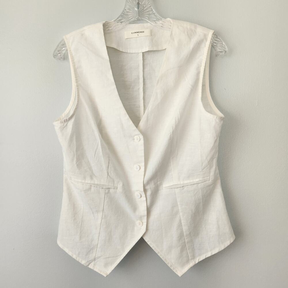Commense Button Up Vest Women L White Linen Cotton Beach Coastal Grandma Classic
